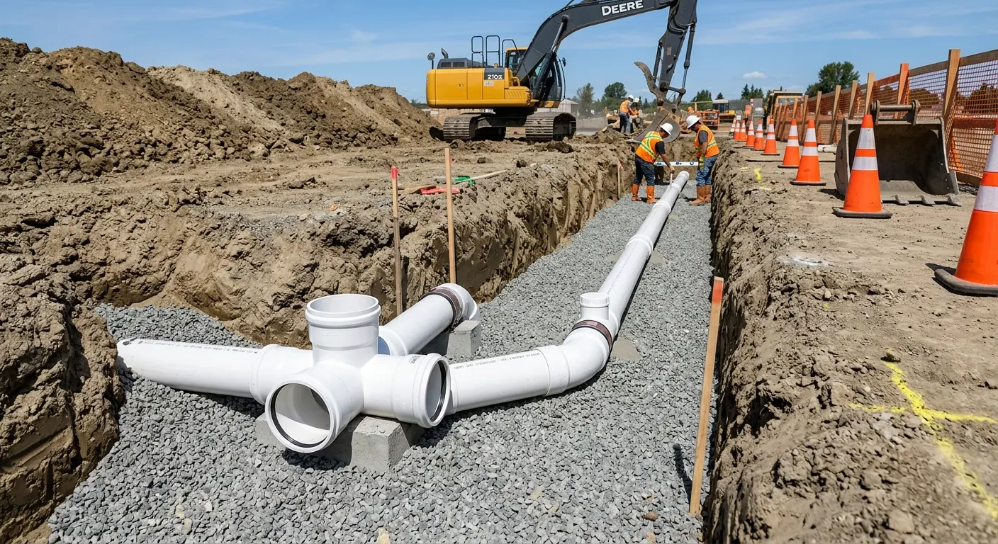 New PVC sewer pipe installation in open trench for Commercial Drain Cleaning in Cincinnati