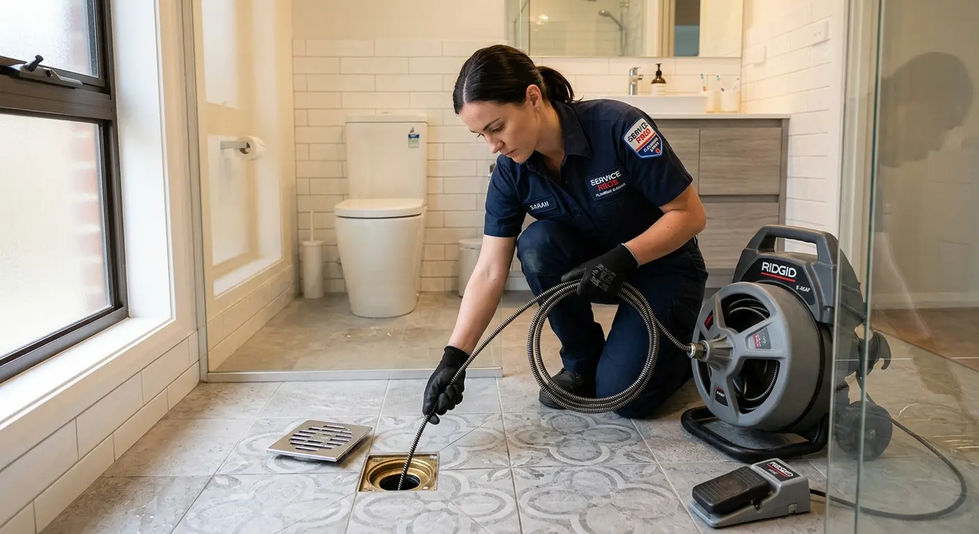 Technician clearing a bathroom floor drain for Sewer Line Replacement in Cincinnati